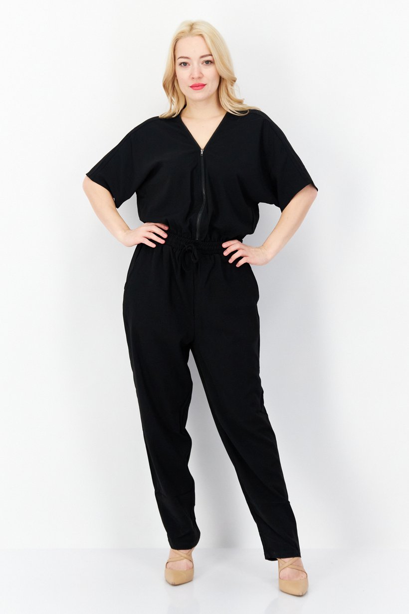 Women Plain Elastic Waist Short Sleeve Jumpsuit, Black