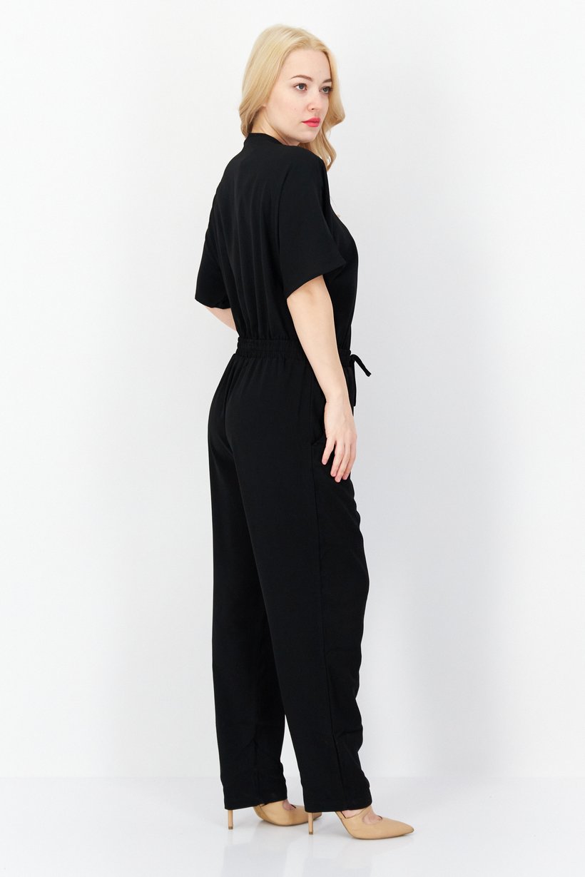 Women Plain Elastic Waist Short Sleeve Jumpsuit, Black