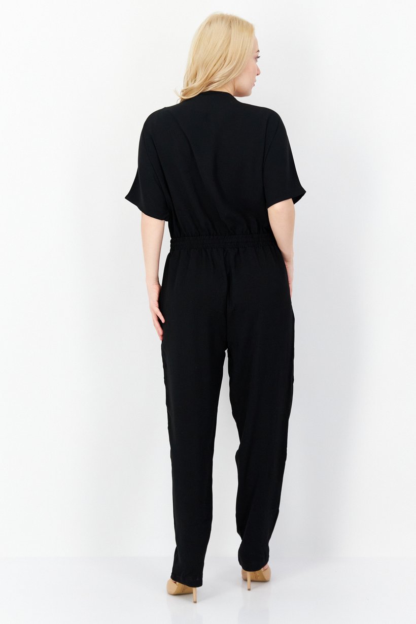 Women Plain Elastic Waist Short Sleeve Jumpsuit, Black