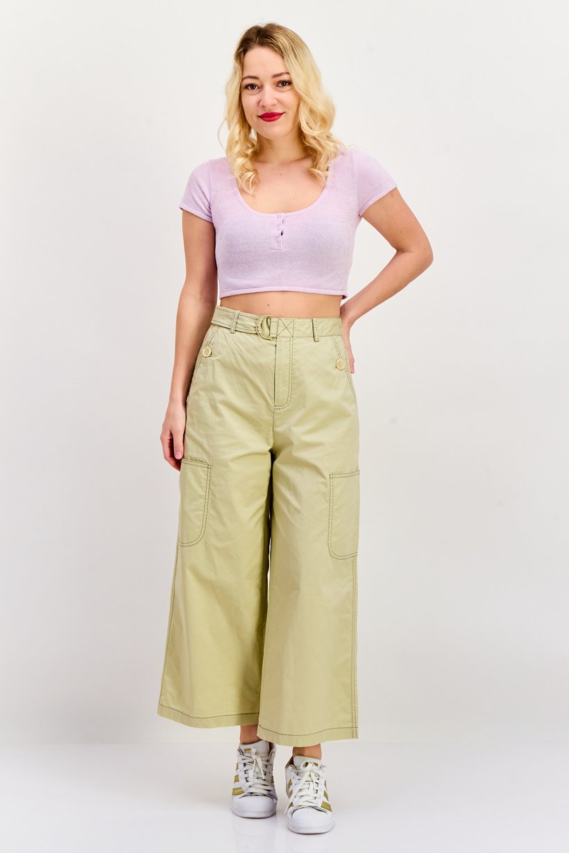 Women Regular Fit Plain Straight Leg Pants, Khaki