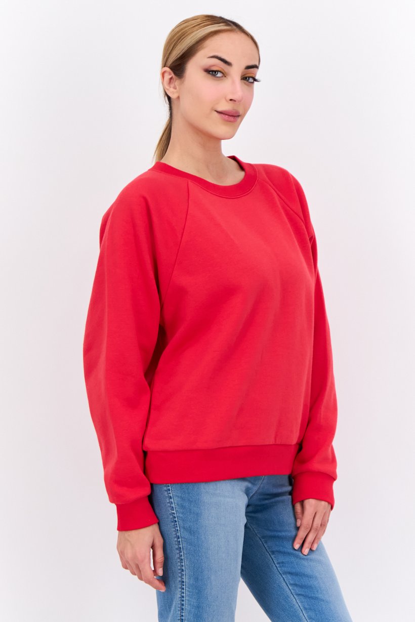 Women Crew Neck Long Sleeves Solid Sweatshirt, Red