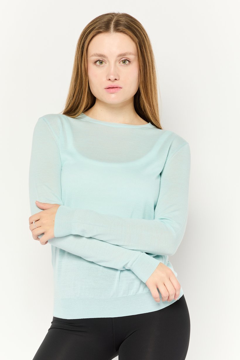 Women Crew Neck Long Sleeves Solid Top, Light Turquoise
