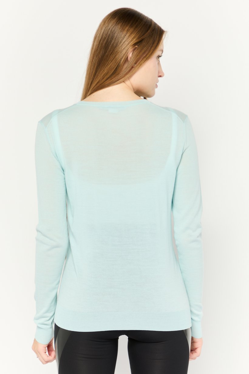 Women Crew Neck Long Sleeves Solid Top, Light Turquoise