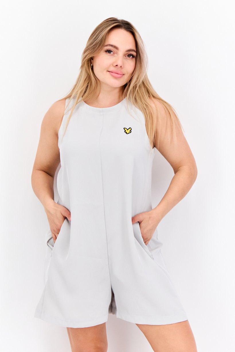 Women Embroidered Logo Sleeveless Playsuits, Light Grey