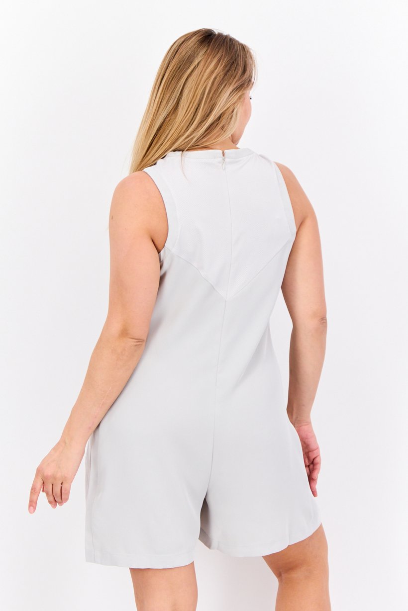 Women Embroidered Logo Sleeveless Playsuits, Light Grey