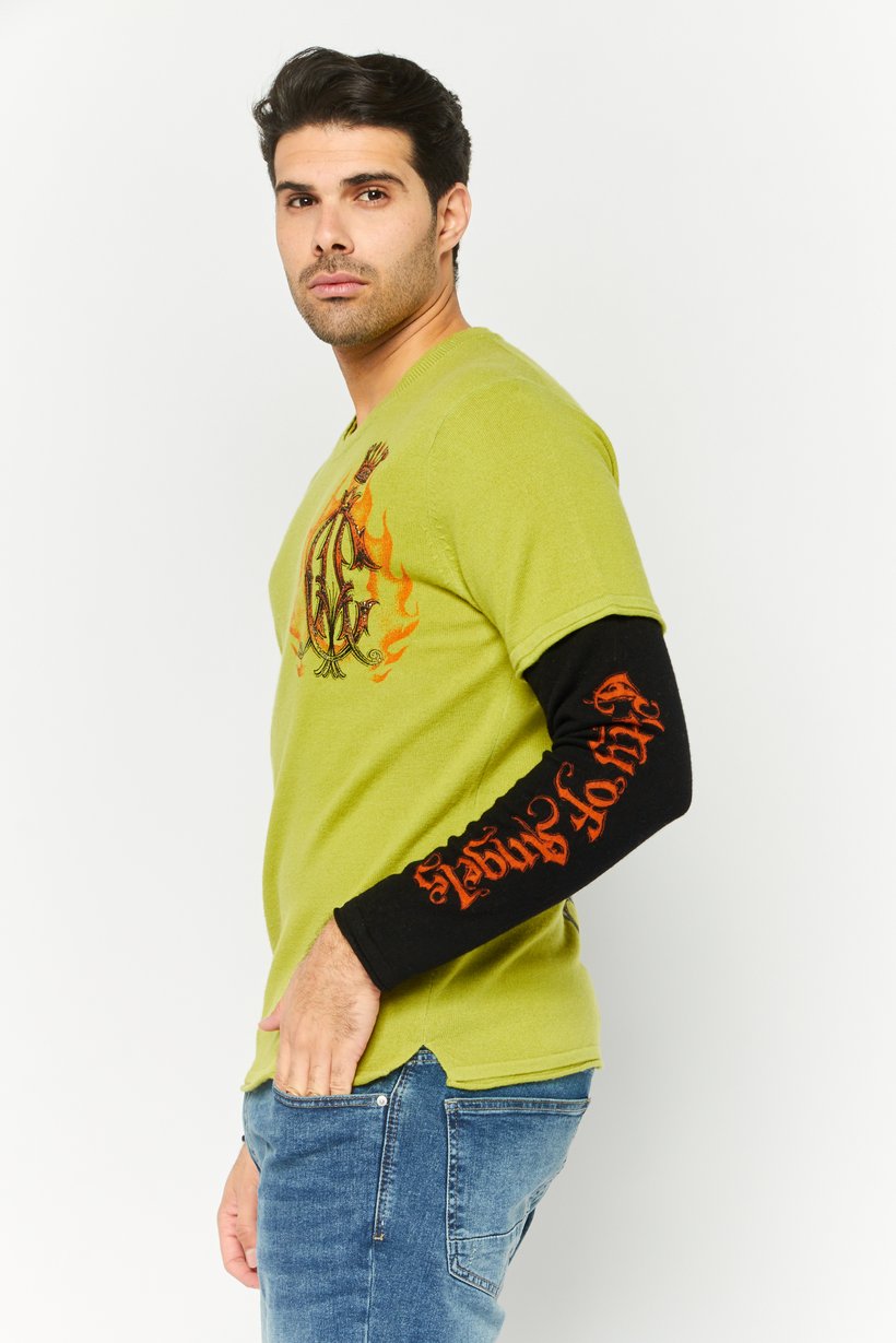 Men Round Neck Brand Logo Long Sleeve Sweater, Green