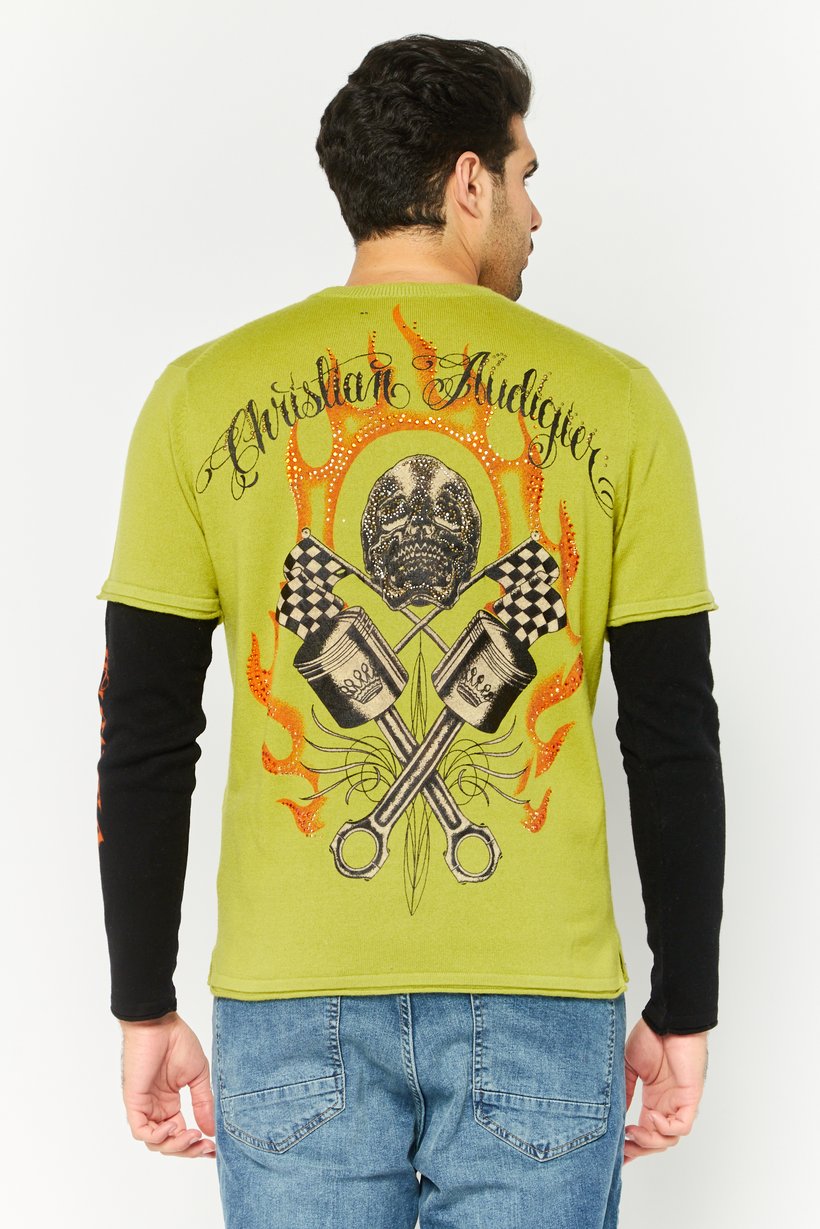 Men Round Neck Brand Logo Long Sleeve Sweater, Green