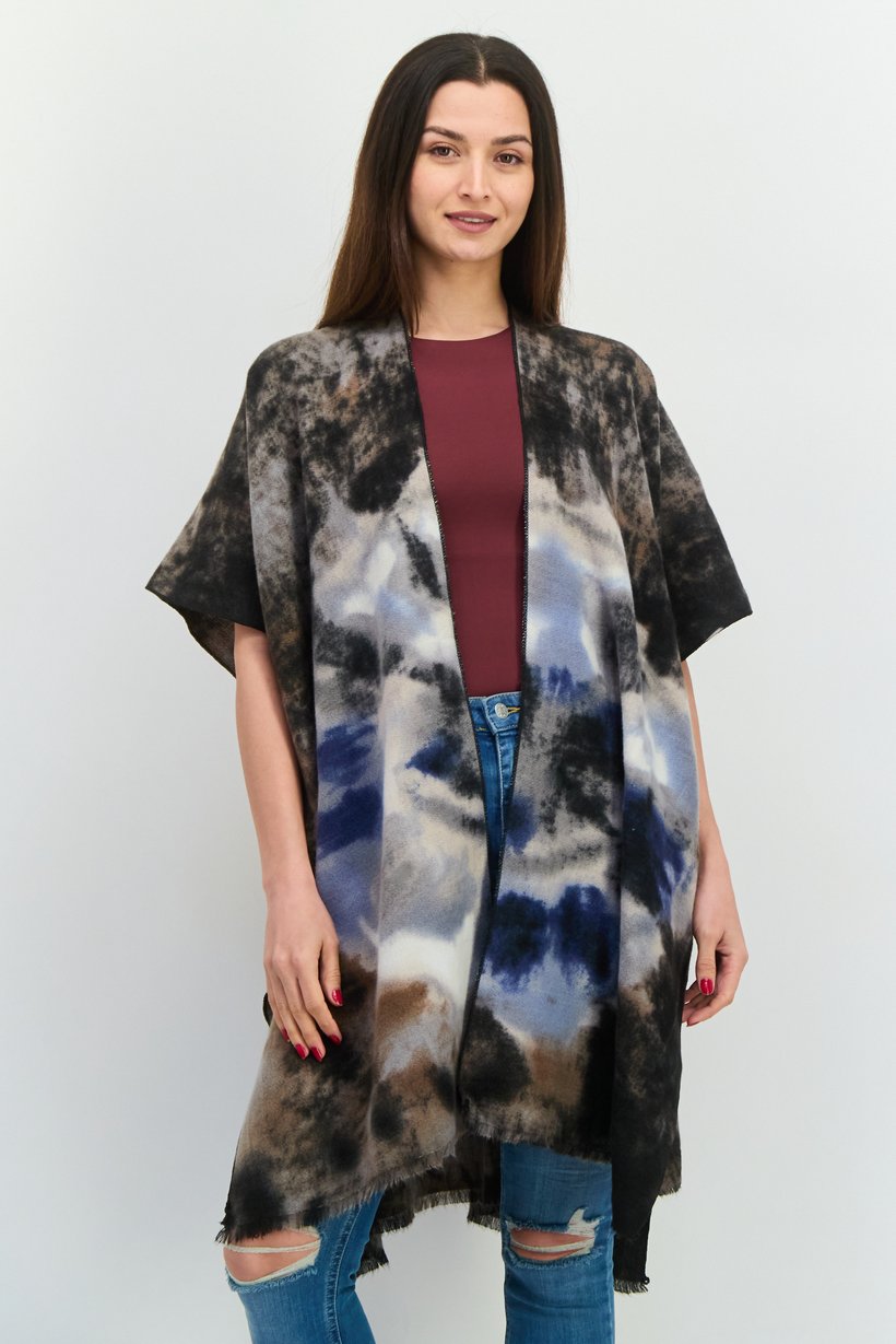 Women Split Neck Tie Dye Poncho, Multicolor