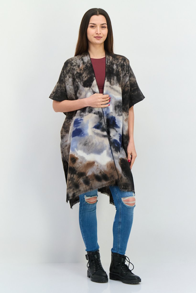 Women Split Neck Tie Dye Poncho, Multicolor