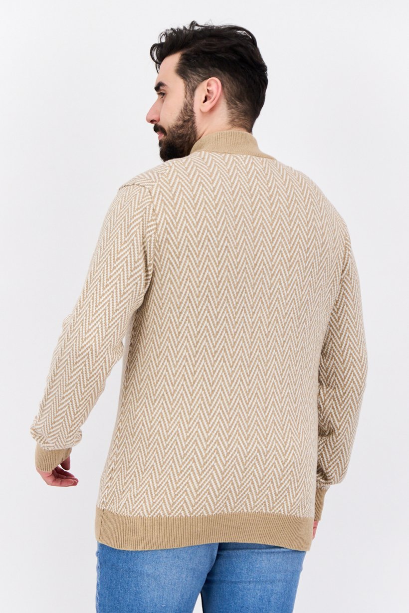 Men Mock Neck Long Sleeves Herringbone Pattern Sweater, Tan