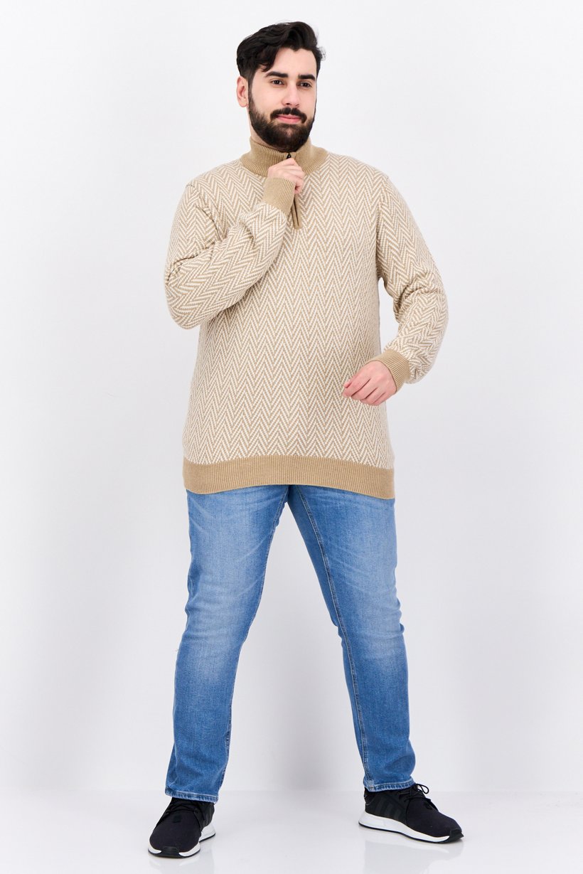 Men Mock Neck Long Sleeves Herringbone Pattern Sweater, Tan