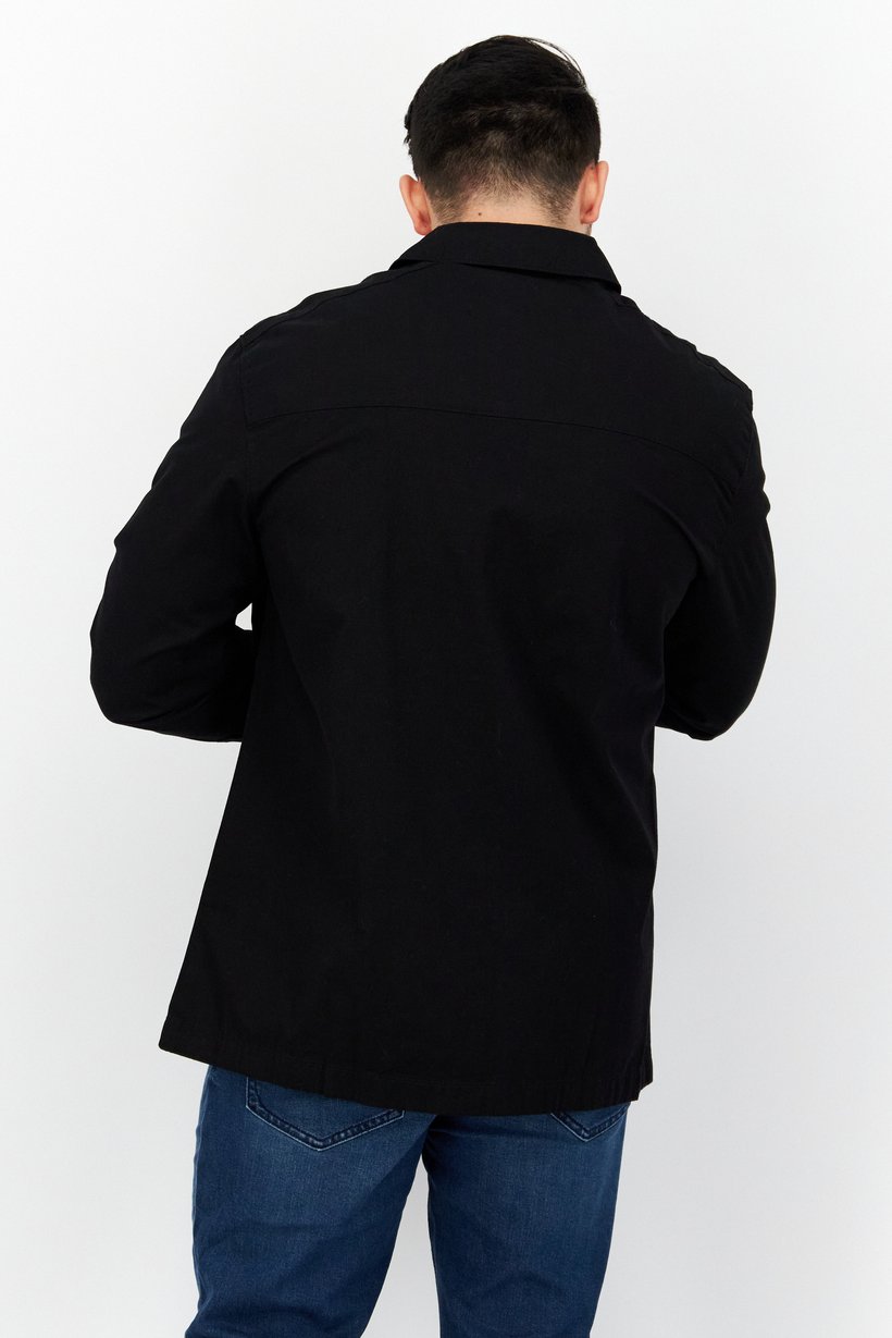 Men Pointed Collar Long Sleeve Printed Casual Shirt, Black