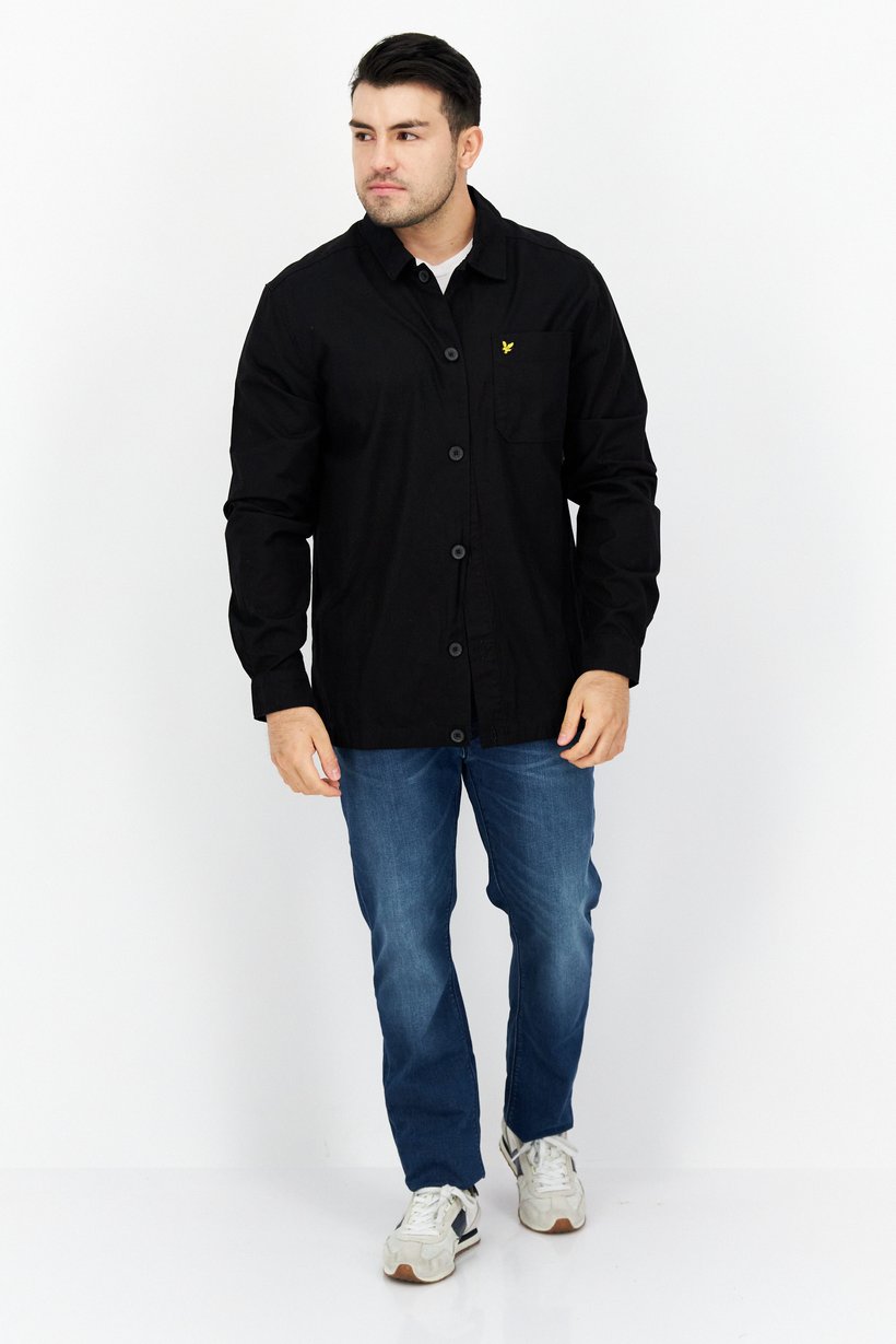 Men Pointed Collar Long Sleeve Printed Casual Shirt, Black