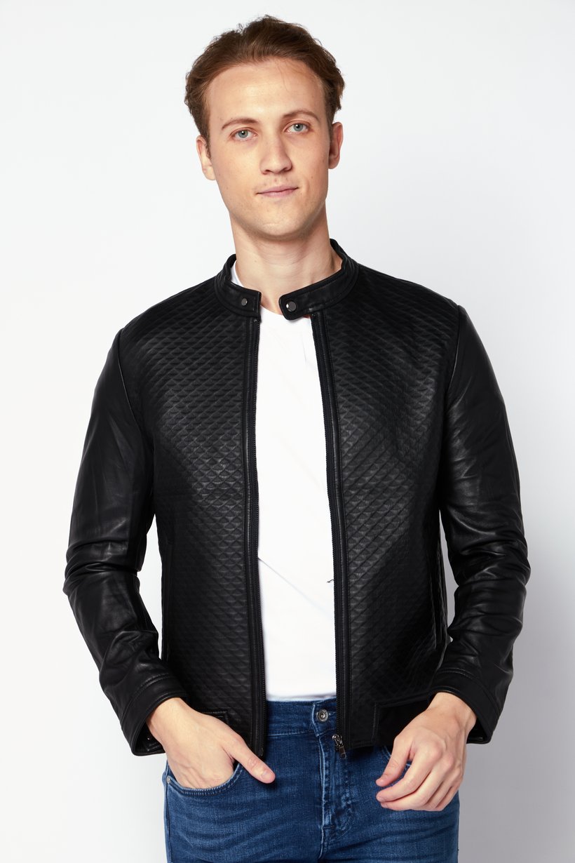 Buy Selected Men Textured Motorcycle Jacket, Black Online | Brands For Less