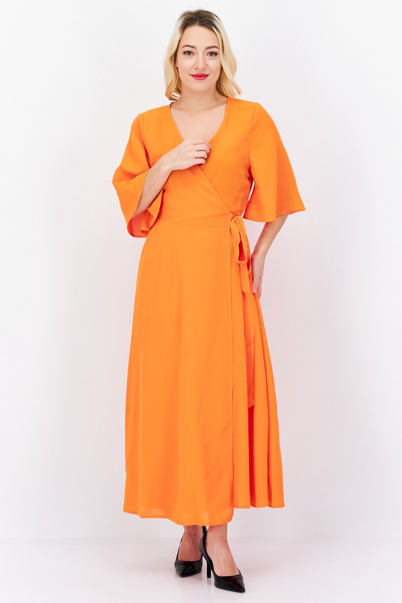 Women Plain Maxi Dress, Orange