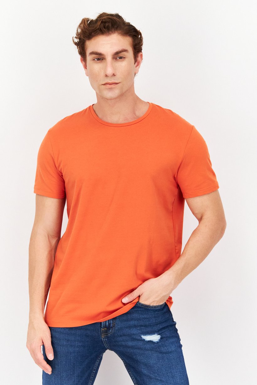 Men Crew Neck Short Sleeves Plain T-Shirt, Orange