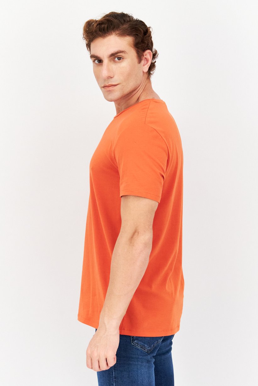 Men Crew Neck Short Sleeves Plain T-Shirt, Orange