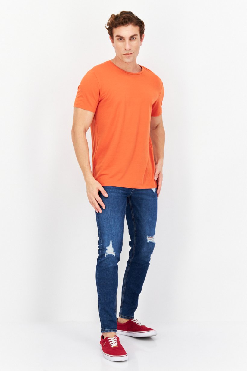 Men Crew Neck Short Sleeves Plain T-Shirt, Orange