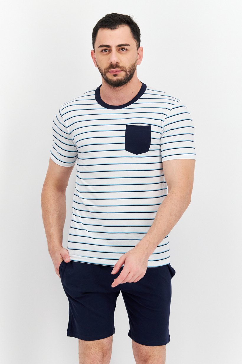 Men 2 Pieces Stripe Top And Plain Sleepwear Set, White/Navy