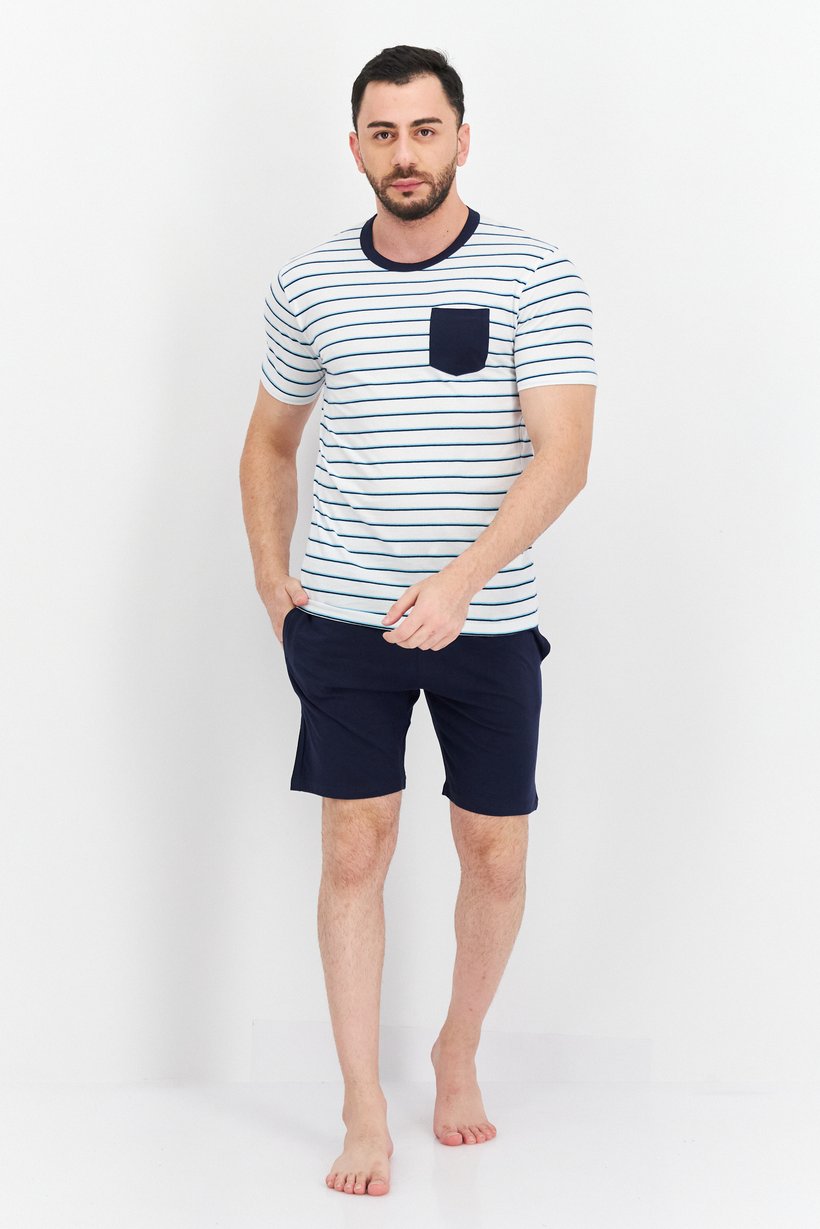 Men 2 Pieces Stripe Top And Plain Sleepwear Set, White/Navy