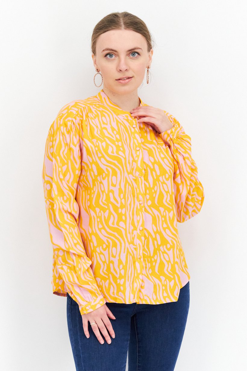 Women  Band Collar Long Sleeve Allover Print Top, Orange/Pink