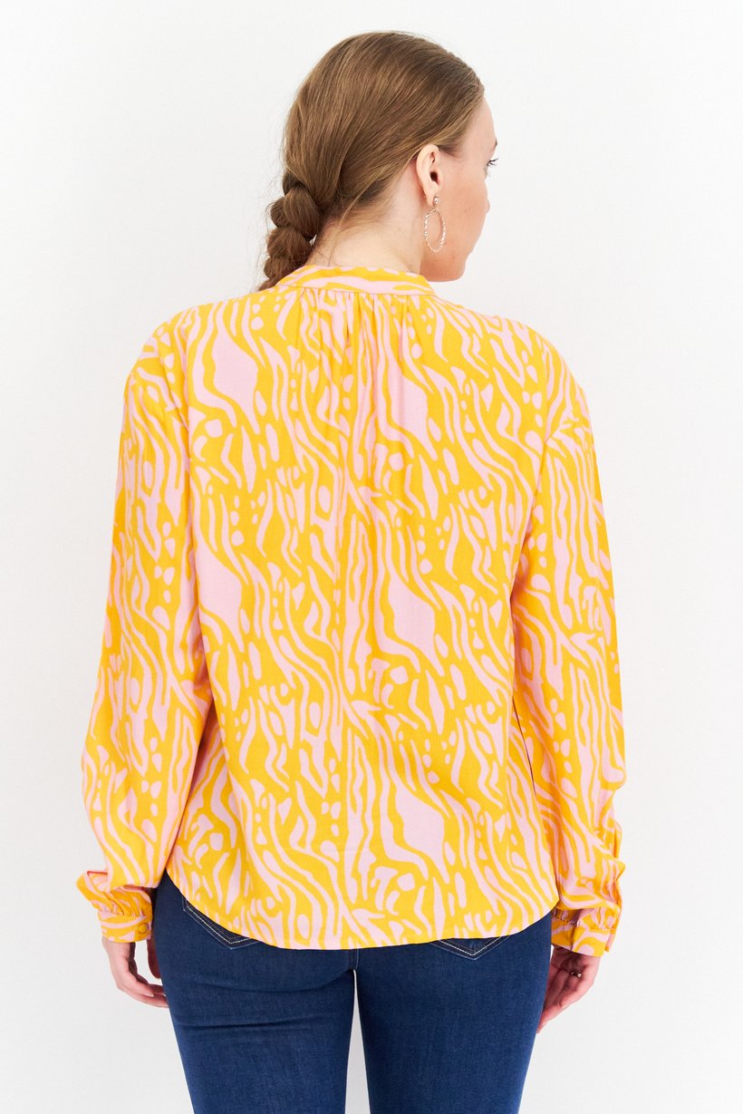 Women  Band Collar Long Sleeve Allover Print Top, Orange/Pink