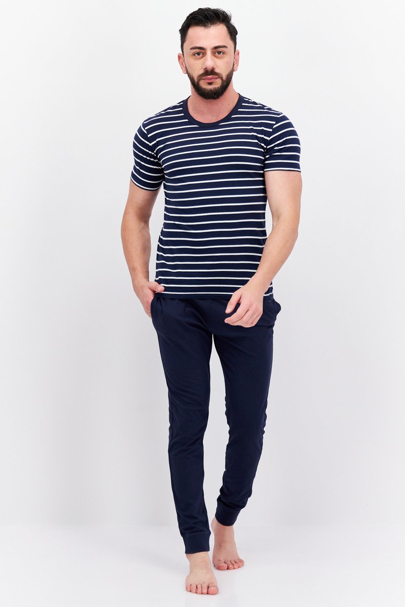 Men 2 Piece Stripe T-Shirt And Solid Pajama Sleepwear, Navy/White