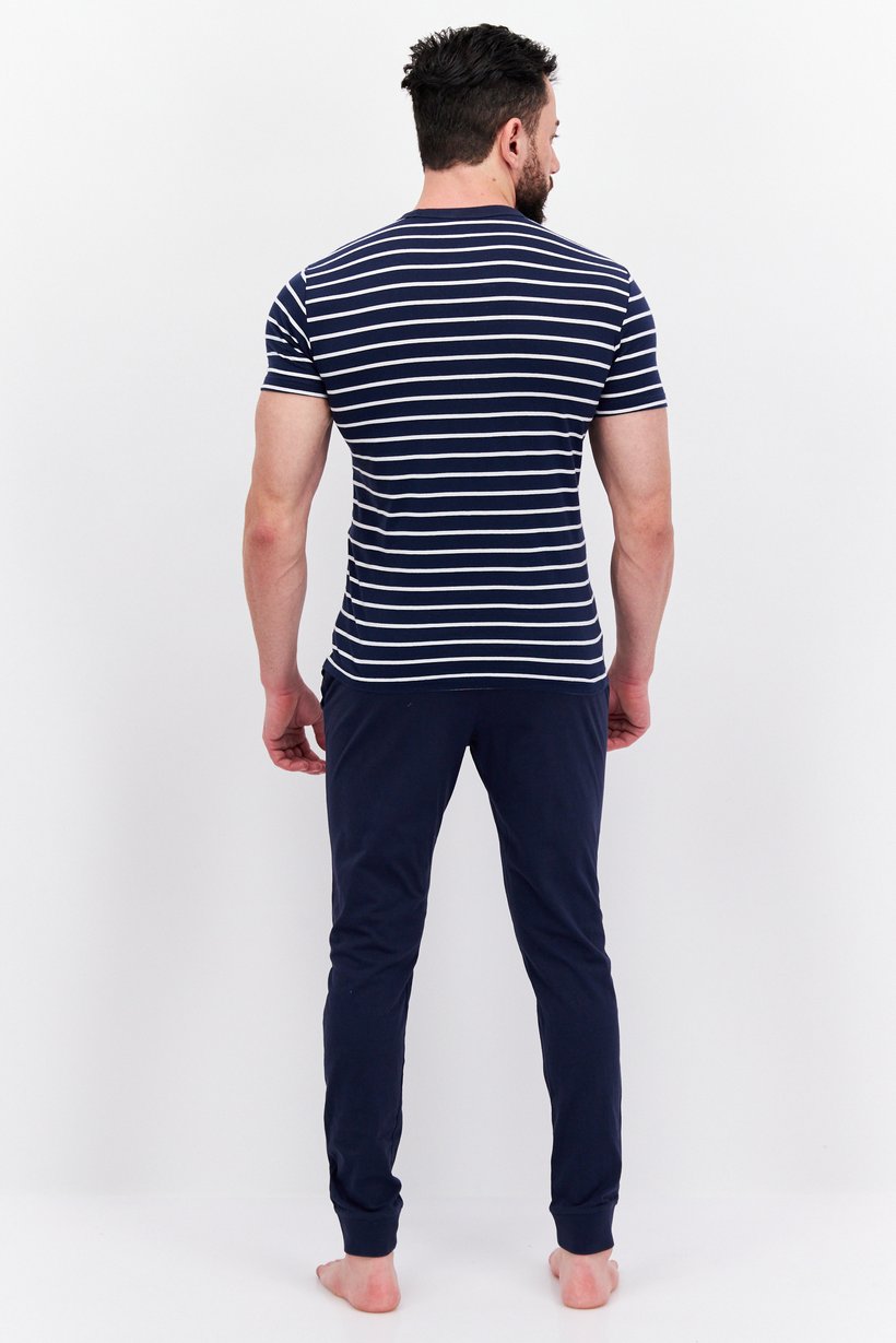 Men 2 Piece Stripe T-Shirt And Solid Pajama Sleepwear, Navy/White