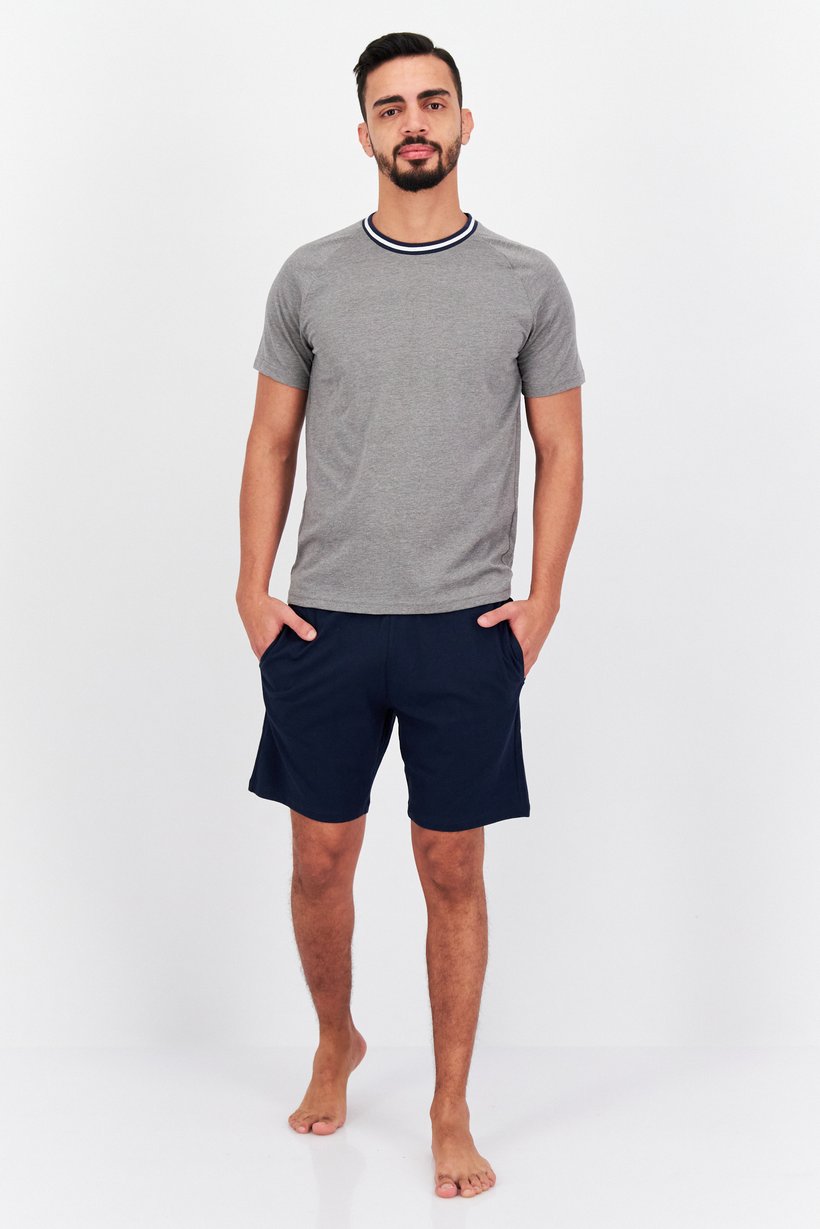 Men 2 Pcs Heather Top And Bottom Pajama Set, Grey/Navy