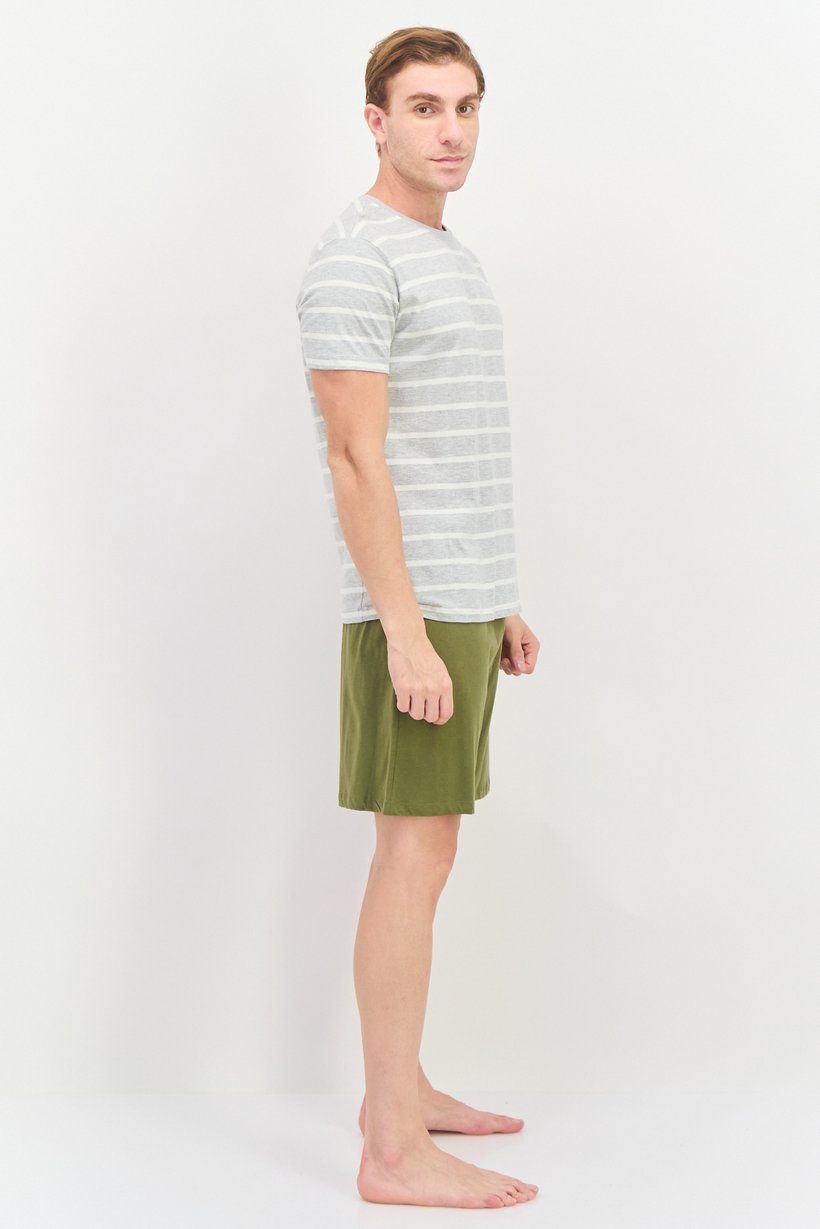 Men 2 Piece Stripe Short Sleeve T-Shirt And Drawstring Short Set, Grey/Olive