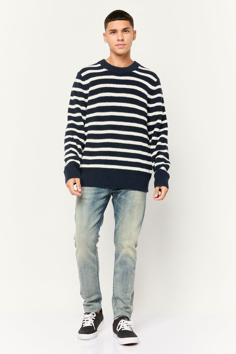 Men Crew Neck Stripe Long Sleeves Sweatshirt, Navy Blue