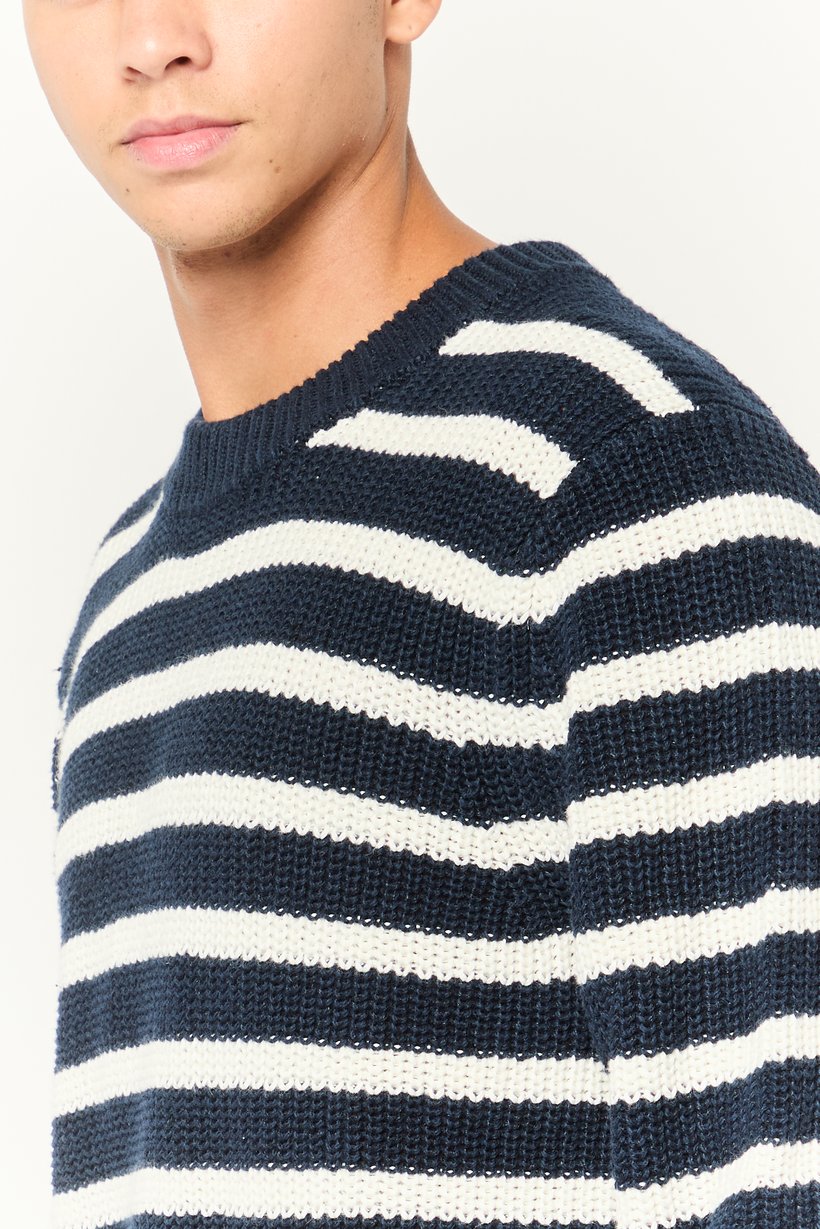 Men Crew Neck Stripe Long Sleeves Sweatshirt, Navy Blue