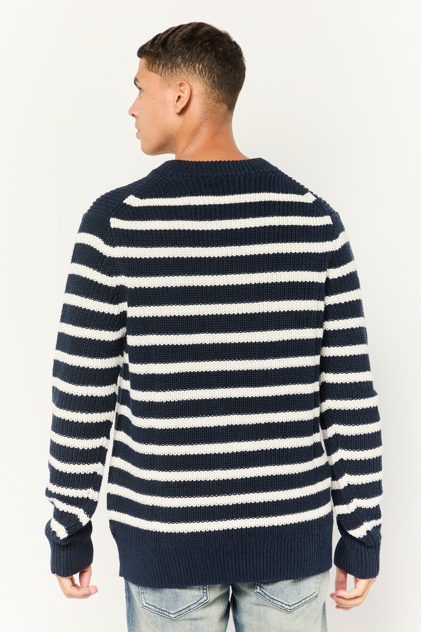 Men Crew Neck Stripe Long Sleeves Sweatshirt, Navy Blue