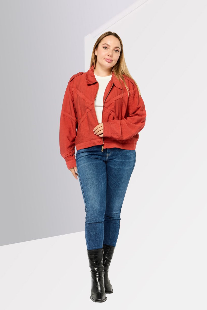 Women Plain Full Zip Shirt Jacket, Rust Red