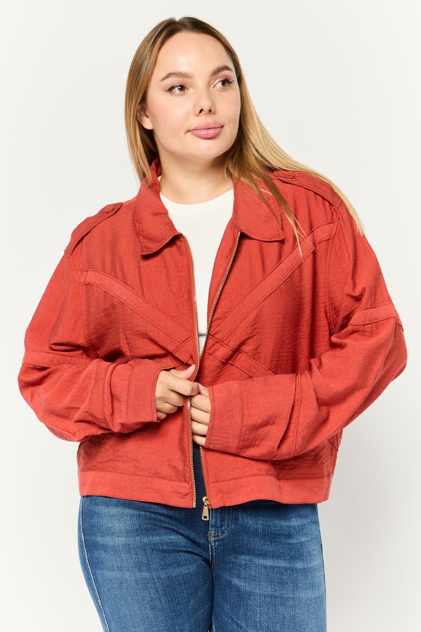 Women Plain Full Zip Shirt Jacket, Rust Red
