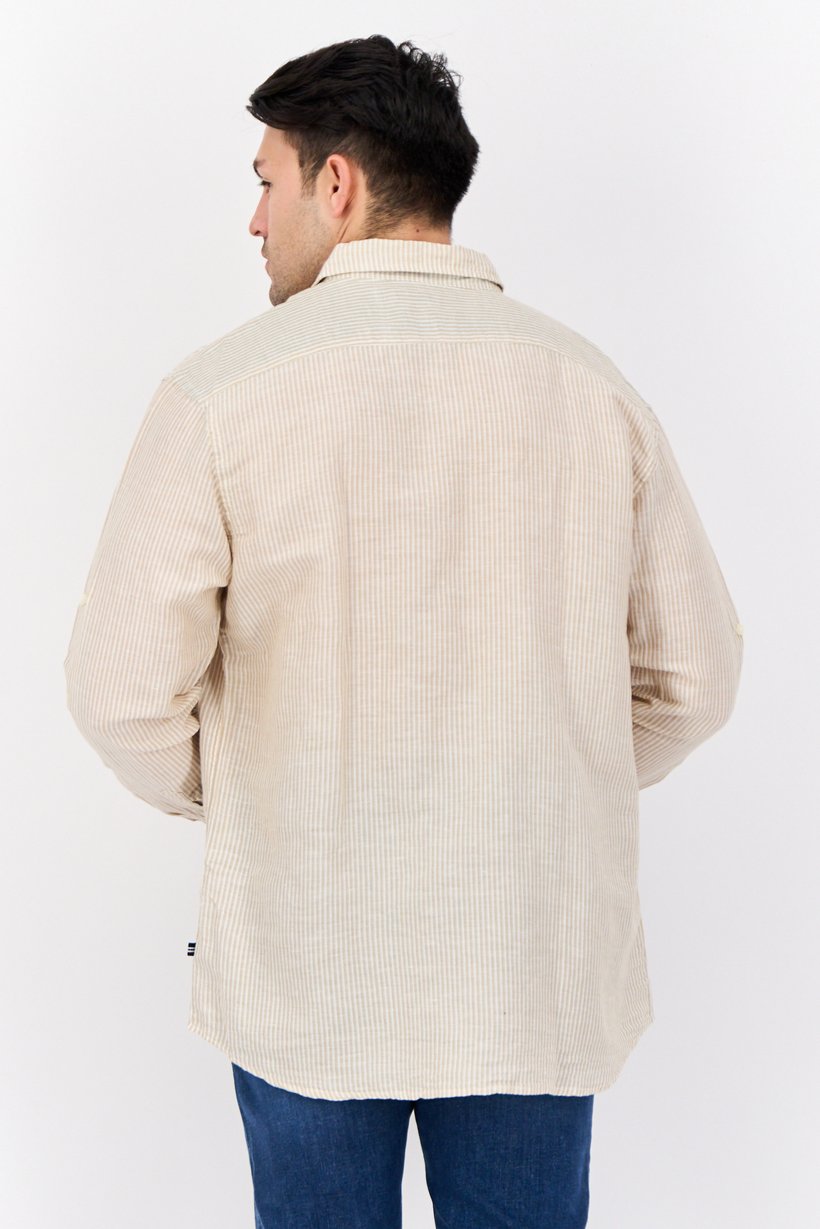 Men Classic Fit Stripe Long Sleeve Casual Shirt, White/Tan