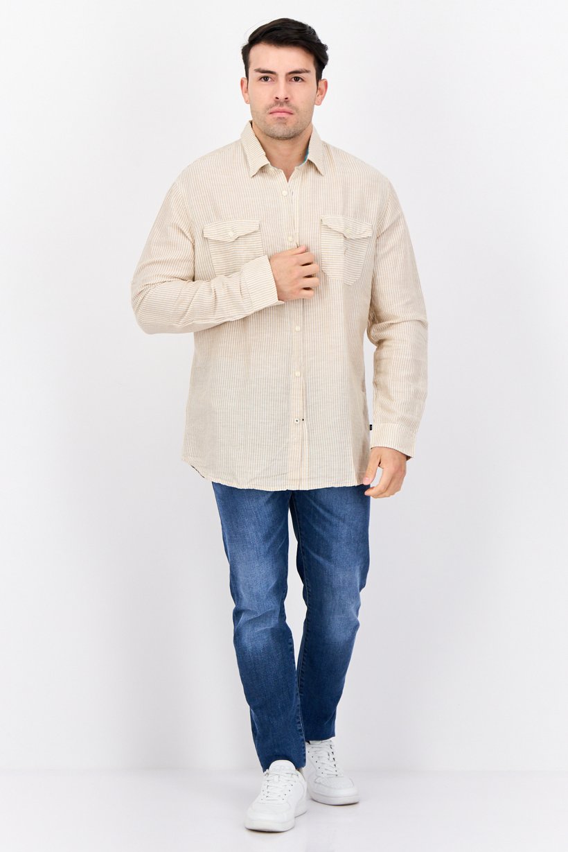 Men Classic Fit Stripe Long Sleeve Casual Shirt, White/Tan