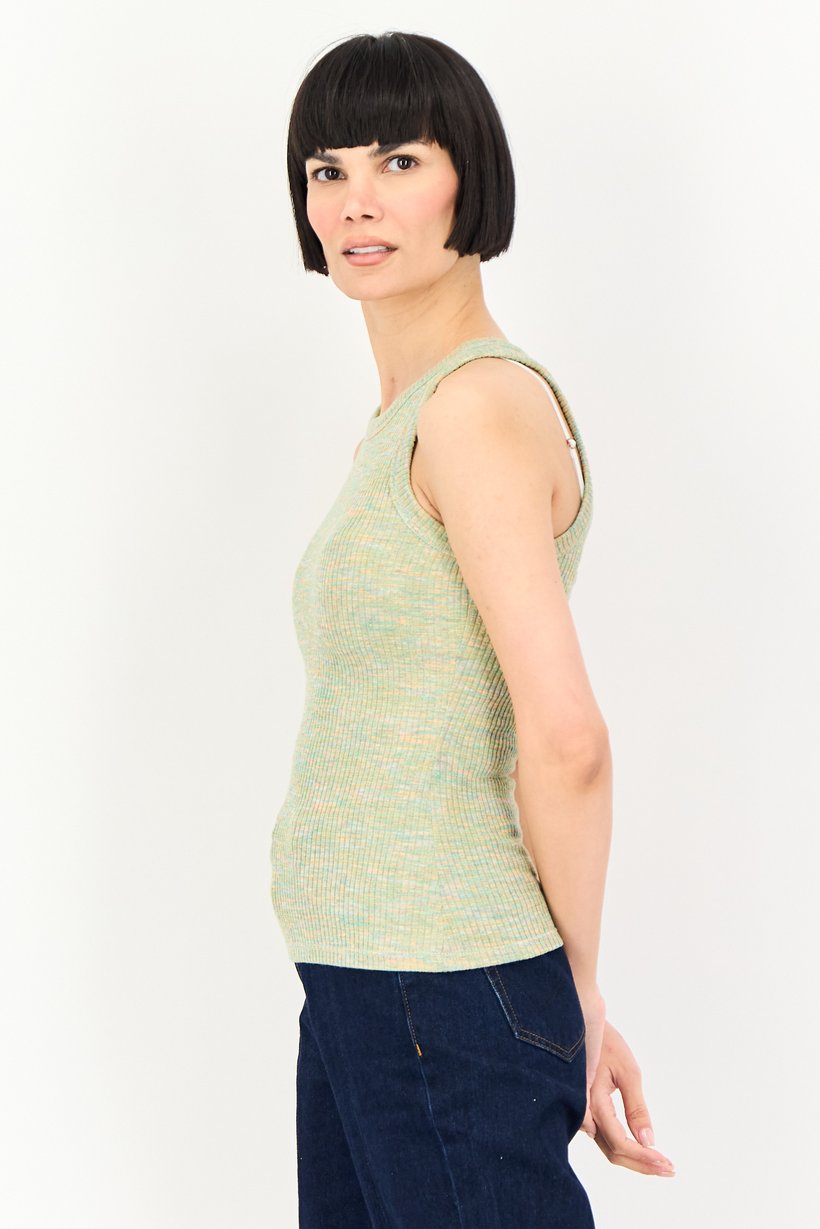 Women Crew Neck Ribbed Sleeveless Tank Top, Multicolor