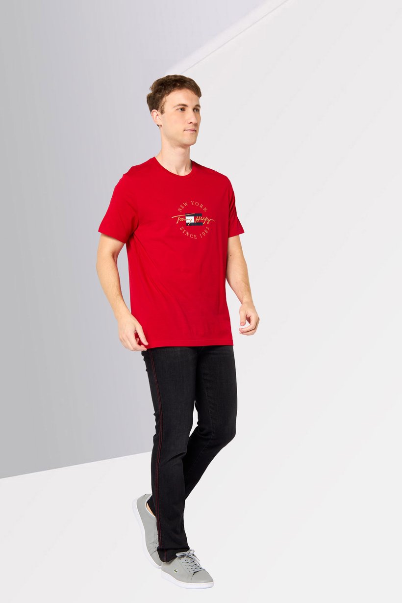 Men Crew Neck Short Sleeve Brand Logo T-Shirt, Red