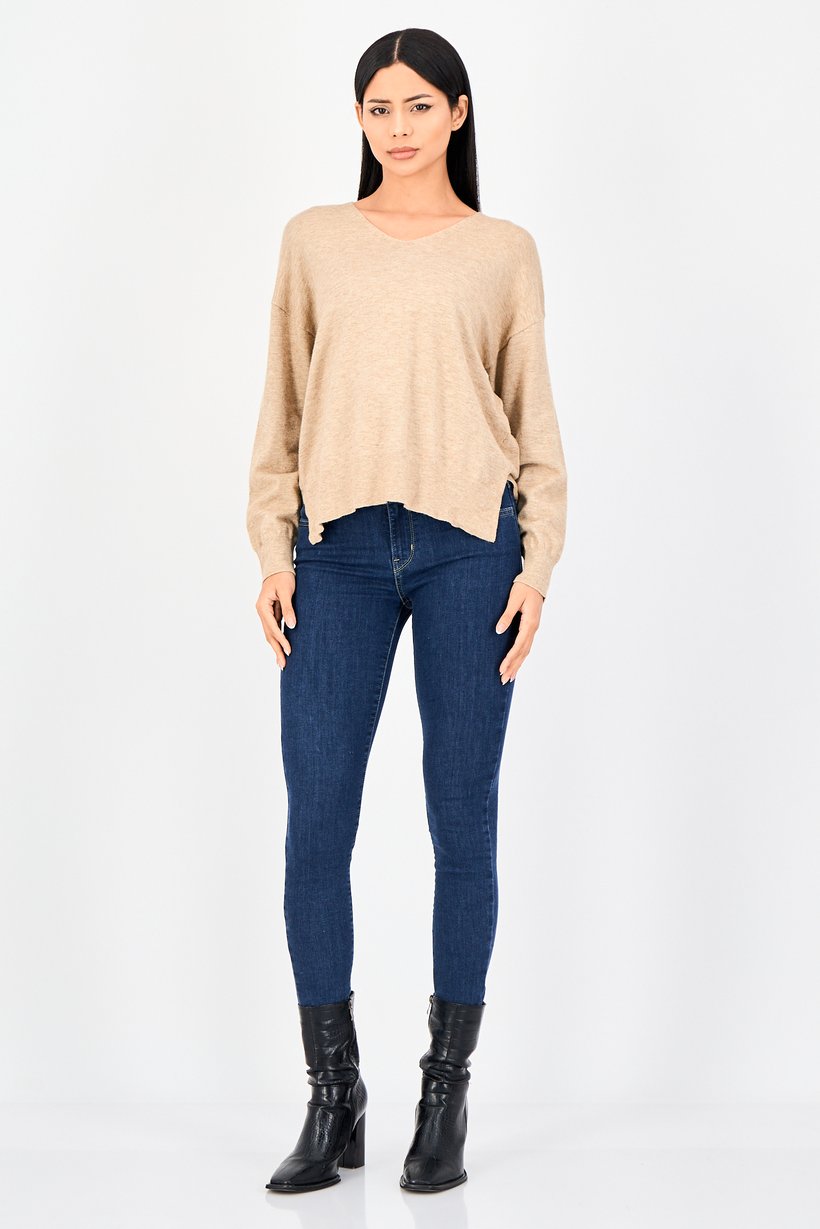 Women V Neck Heather Sweater,  Dark Beige