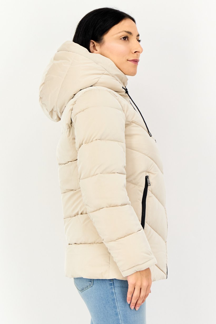 Women Quilted Puffer Jacket, Dark Beige