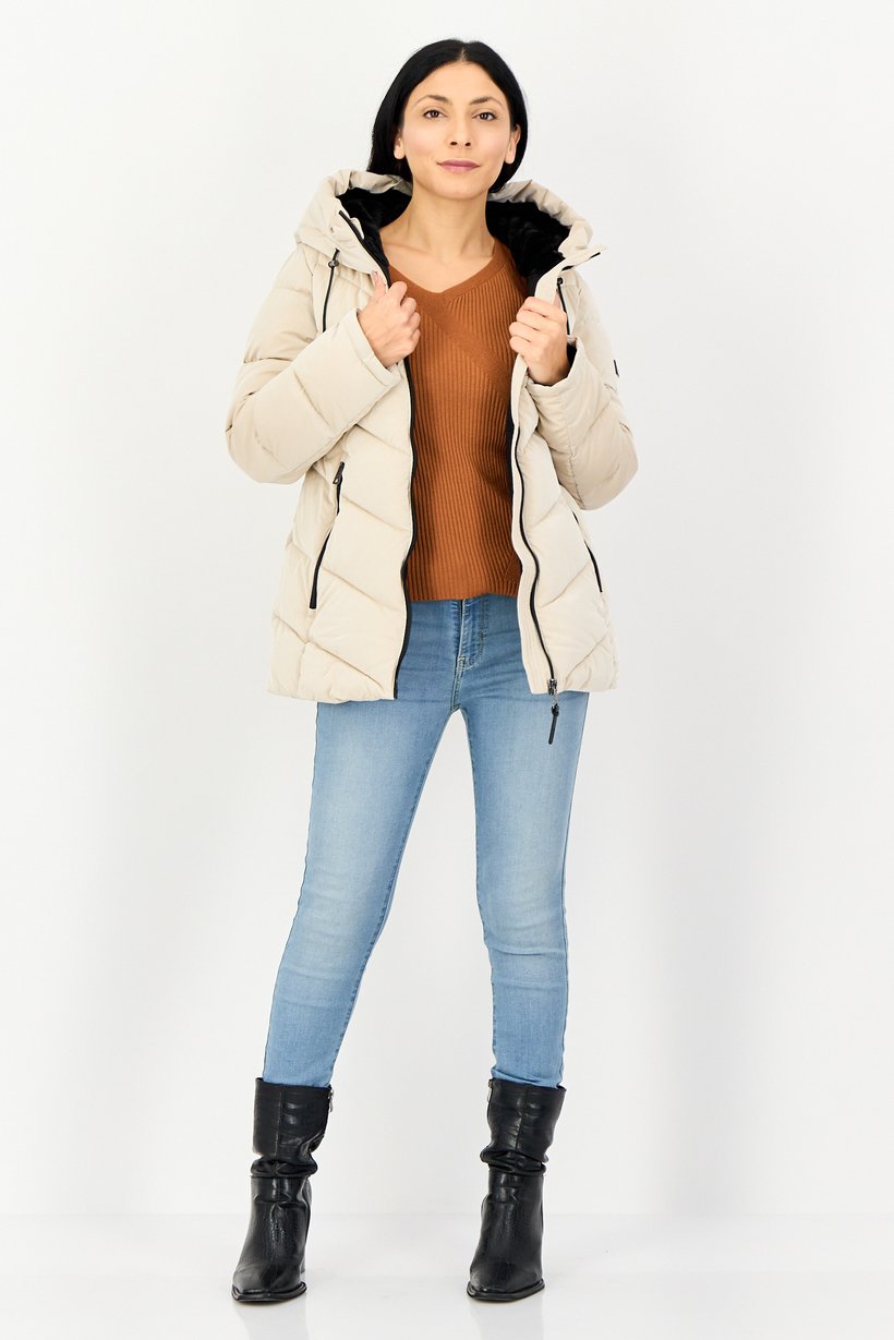 Women Quilted Puffer Jacket, Dark Beige