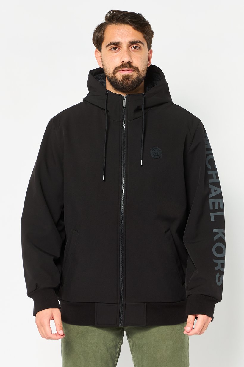 Men Brand Logo Hooded Parka Jacket, Black
