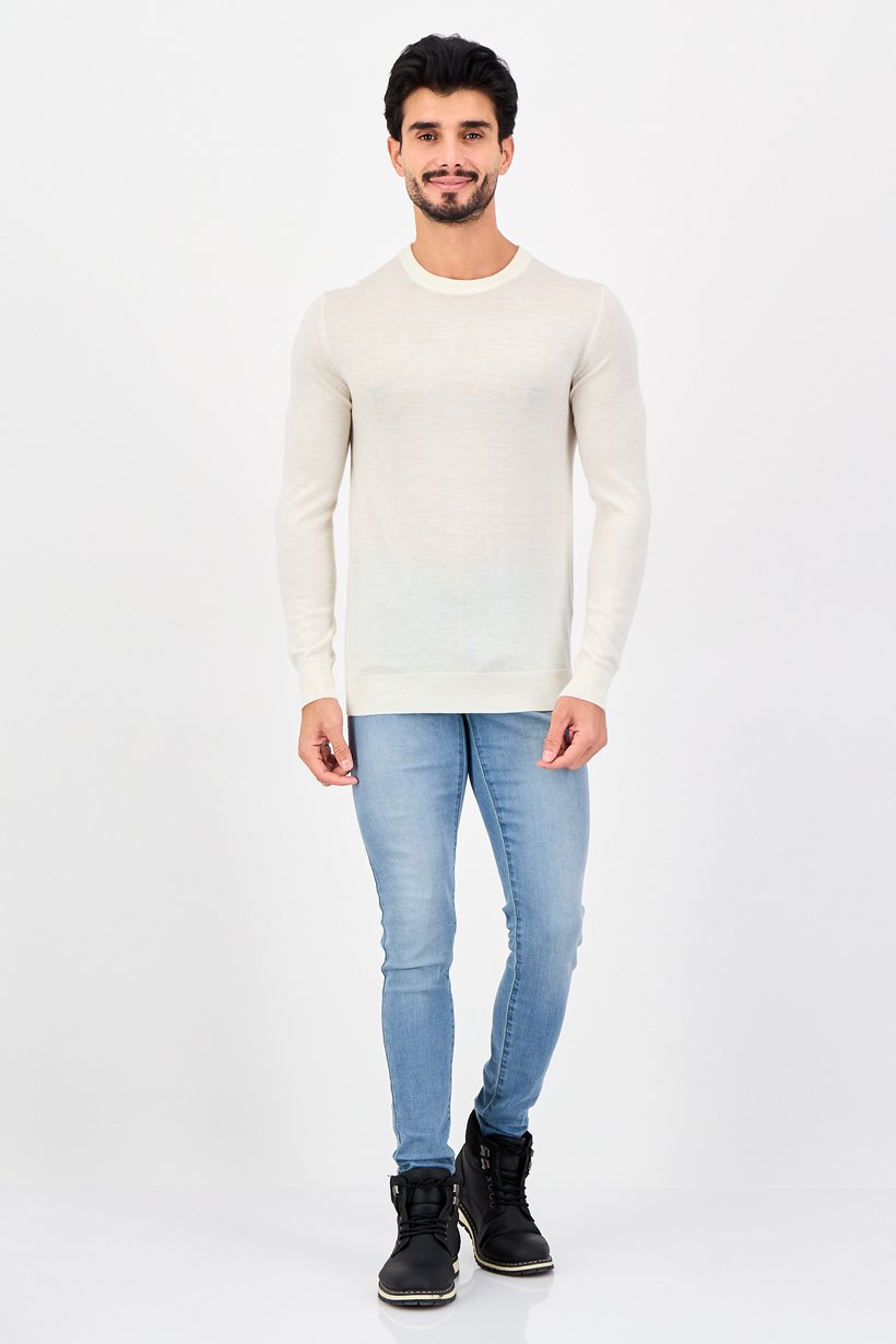Men Crew Neck Textured Sweater, Off White
