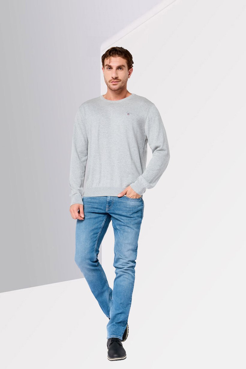 Men Crew Neck Embroidered Logo Sweater, Light Grey