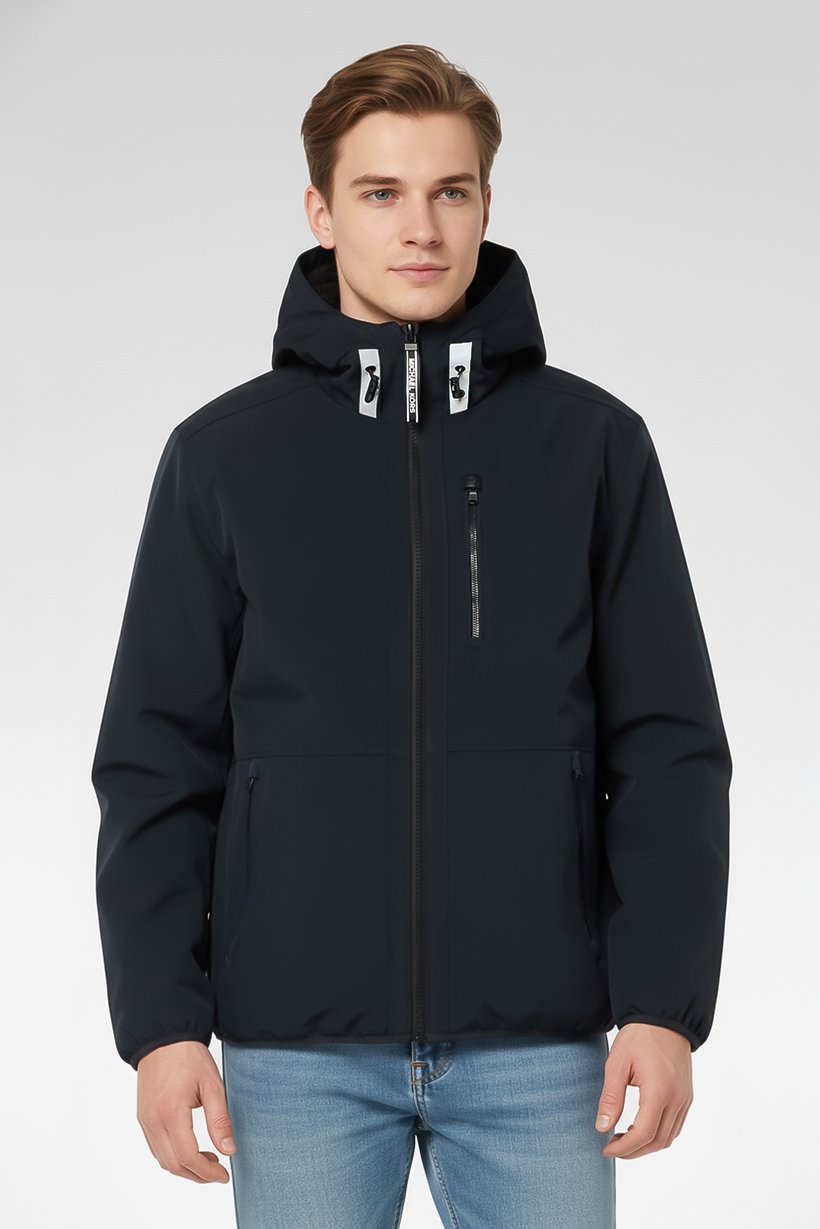 Men Hooded Brand Logo Soft Shell Jacket, Black