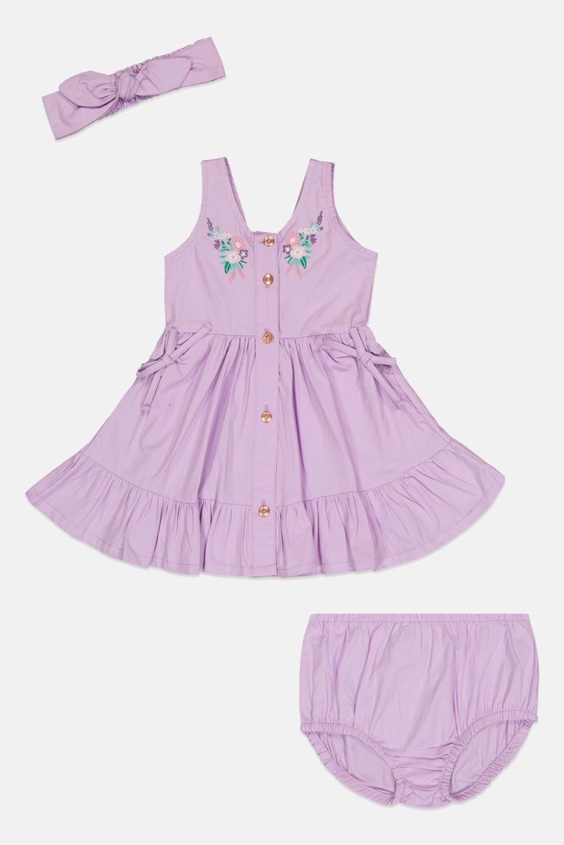 Toddlers Girl 3 Pieces Embroidered Dress With Panty And Headband, Lavender