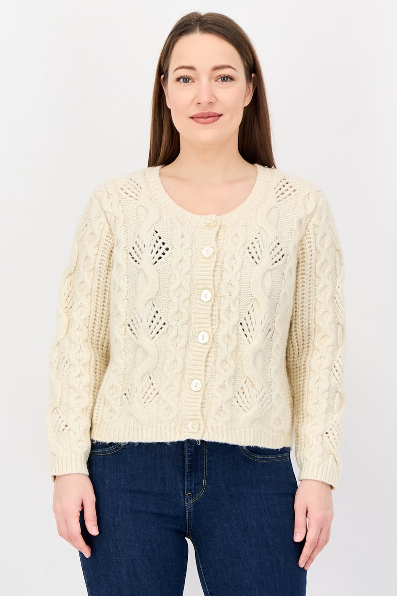 Women Crew Neck Crochet Cardigan, Ivory
