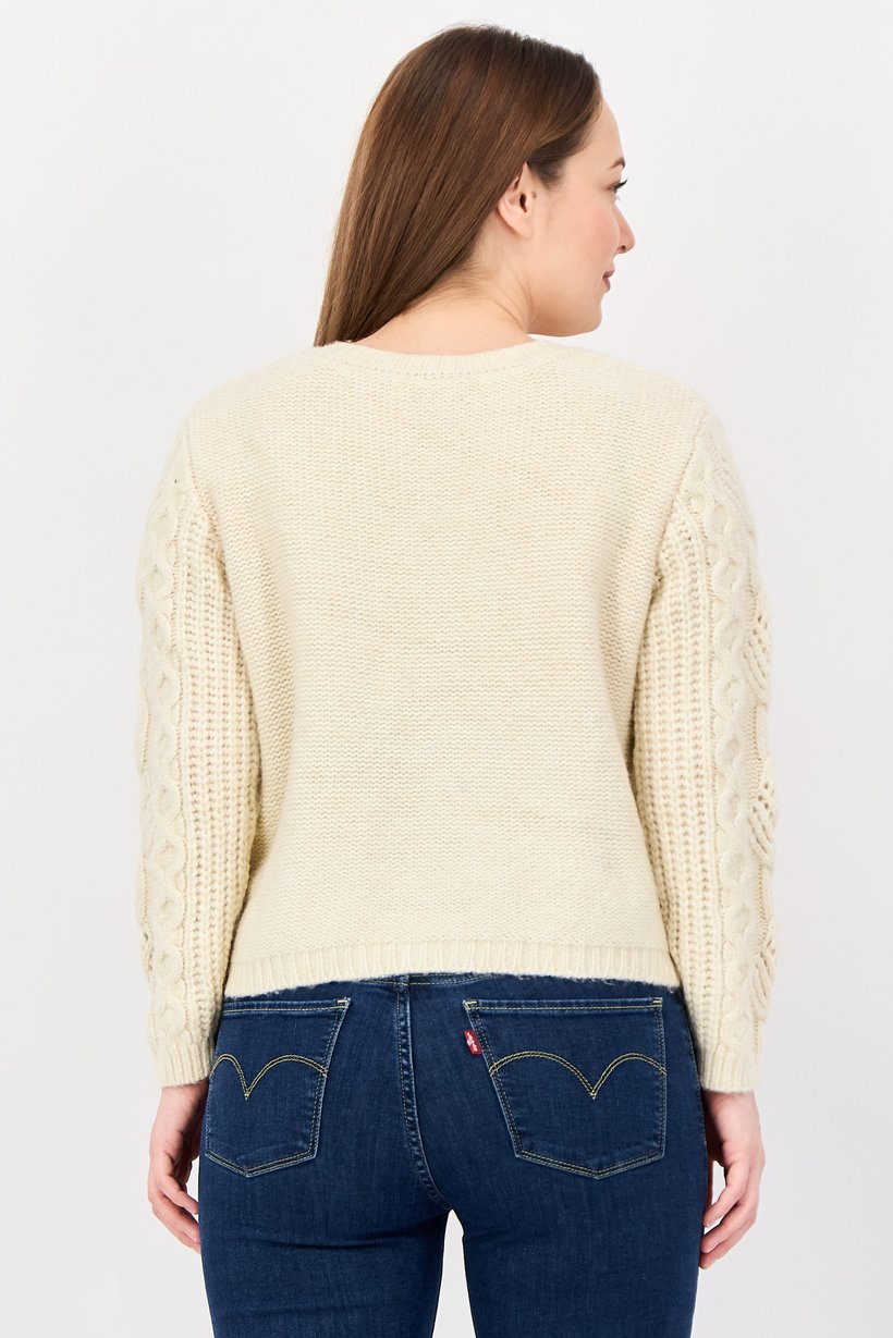 Women Crew Neck Crochet Cardigan, Ivory
