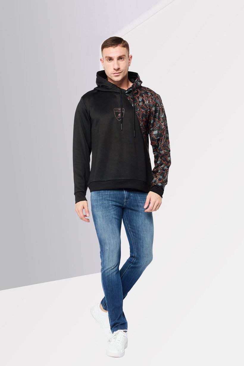 Men Brand Logo Long Sleeves Hooded Sweatshirt, Black